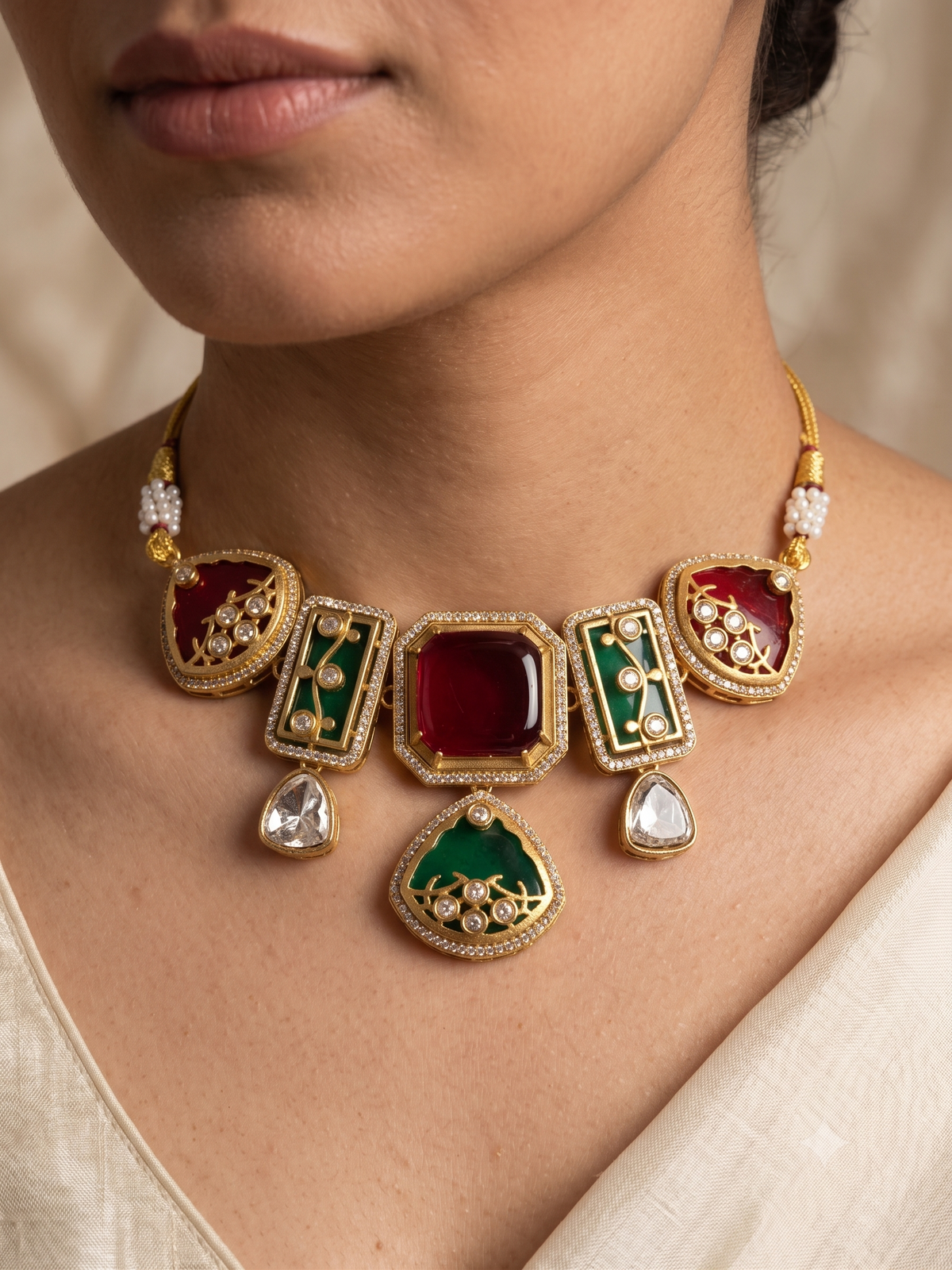 Regal Red & Green Kundan Stone Choker Set with Matching Earrings