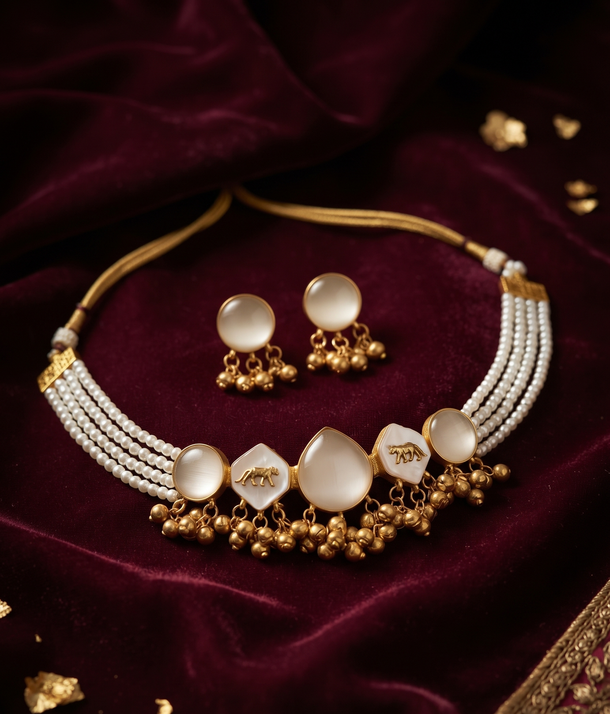 Ethereal Ivory & Gold Animal Motif Choker Set with Pearl Strands and Hanging Bells