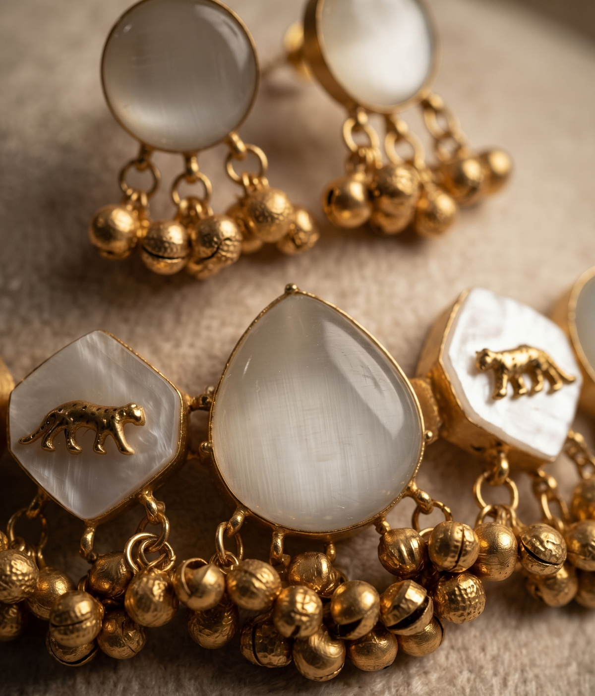 Ethereal Ivory & Gold Animal Motif Choker Set with Pearl Strands and Hanging Bells