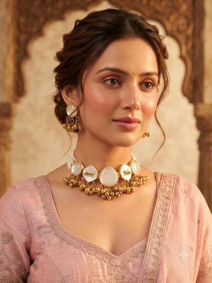 Ethereal Ivory & Gold Animal Motif Choker Set with Pearl Strands and Hanging Bells
