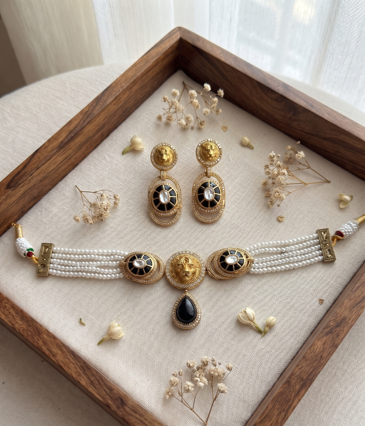 Royal Lion Motif Pearl Choker Set with Matching Drop Earrings (Available in Multiple Stone Colors)