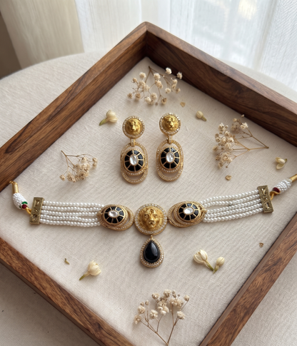 Royal Lion Motif Pearl Choker Set with Matching Drop Earrings (Available in Multiple Stone Colors)