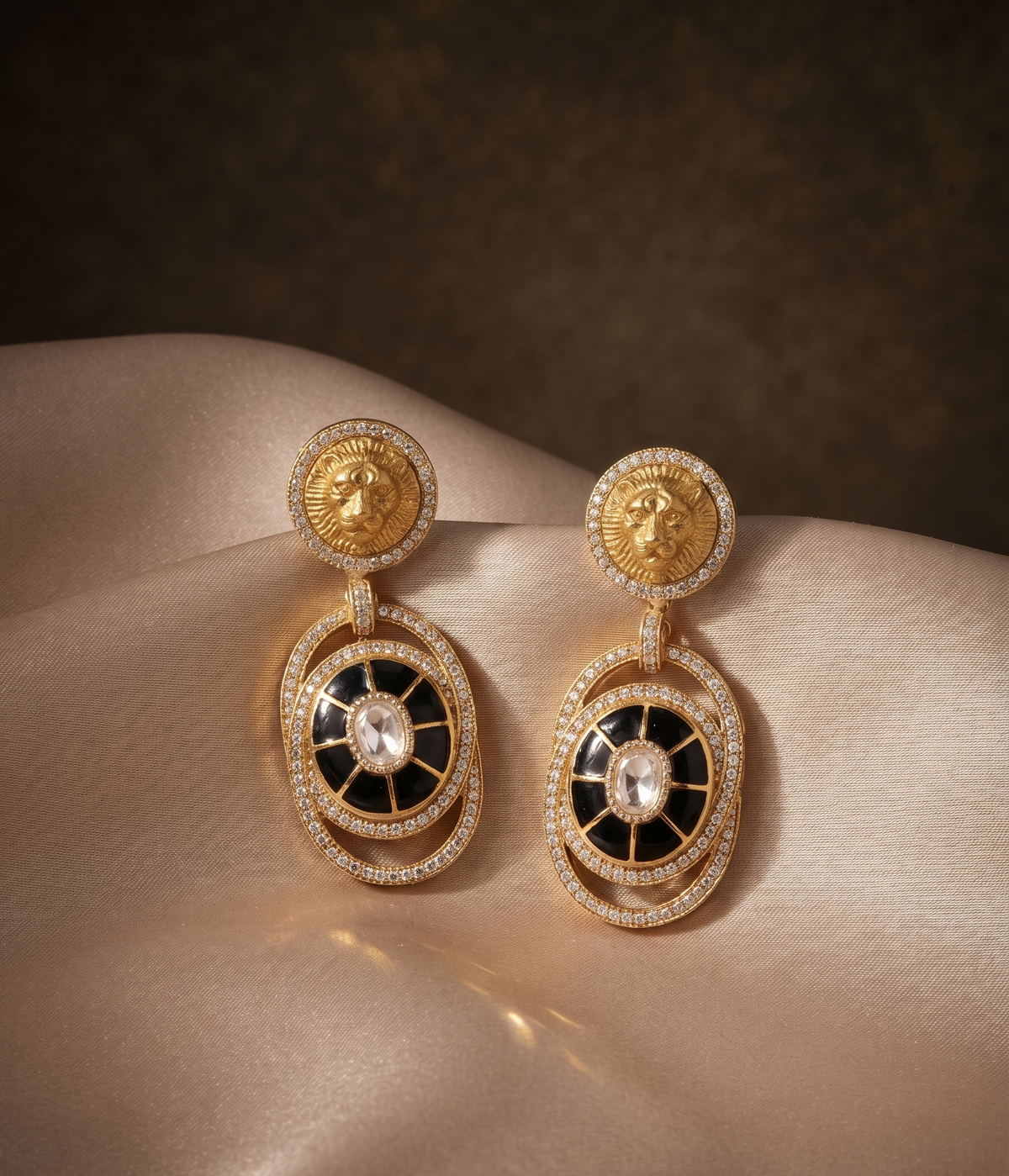 Royal Lion Motif Pearl Choker Set with Matching Drop Earrings (Available in Multiple Stone Colors)