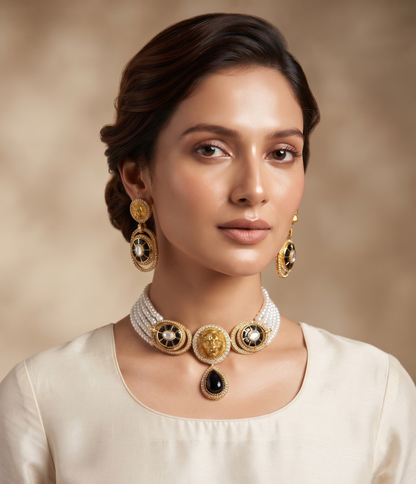Royal Lion Motif Pearl Choker Set with Matching Drop Earrings (Available in Multiple Stone Colors)