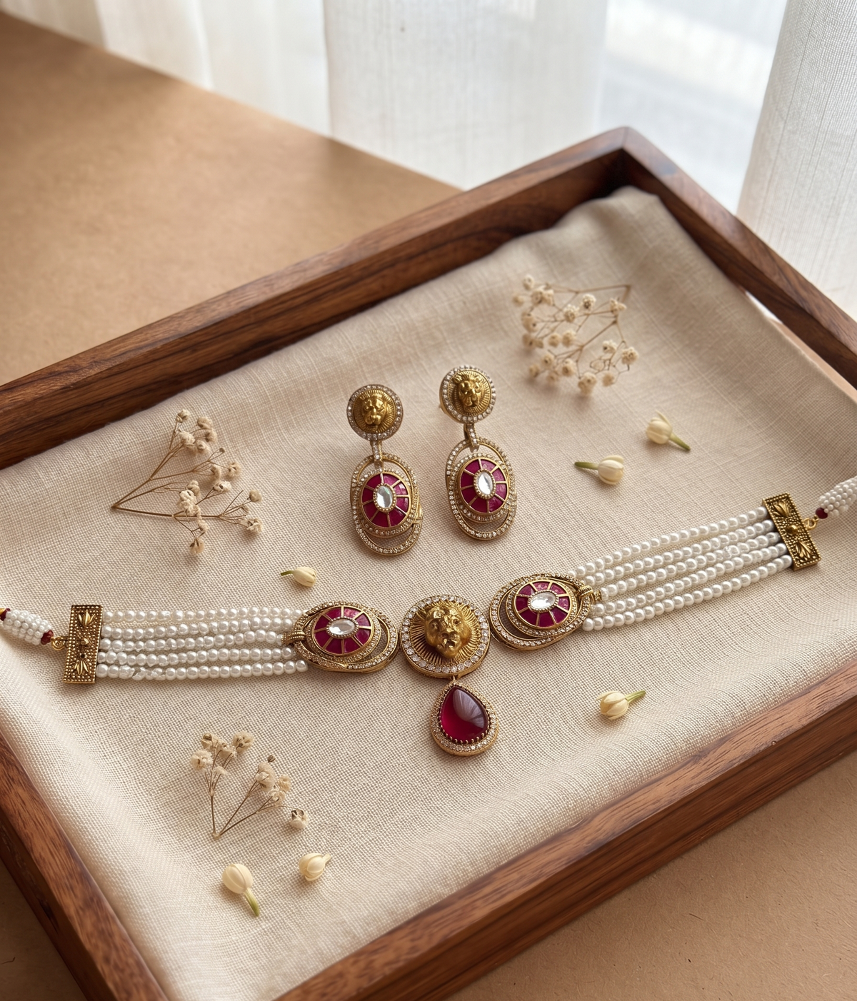 Royal Lion Motif Pearl Choker Set with Matching Drop Earrings (Available in Multiple Stone Colors)