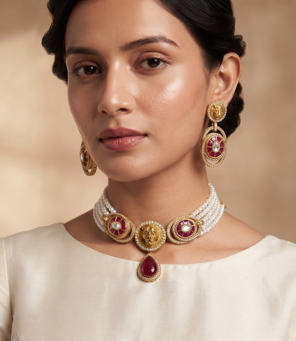 Royal Lion Motif Pearl Choker Set with Matching Drop Earrings (Available in Multiple Stone Colors)