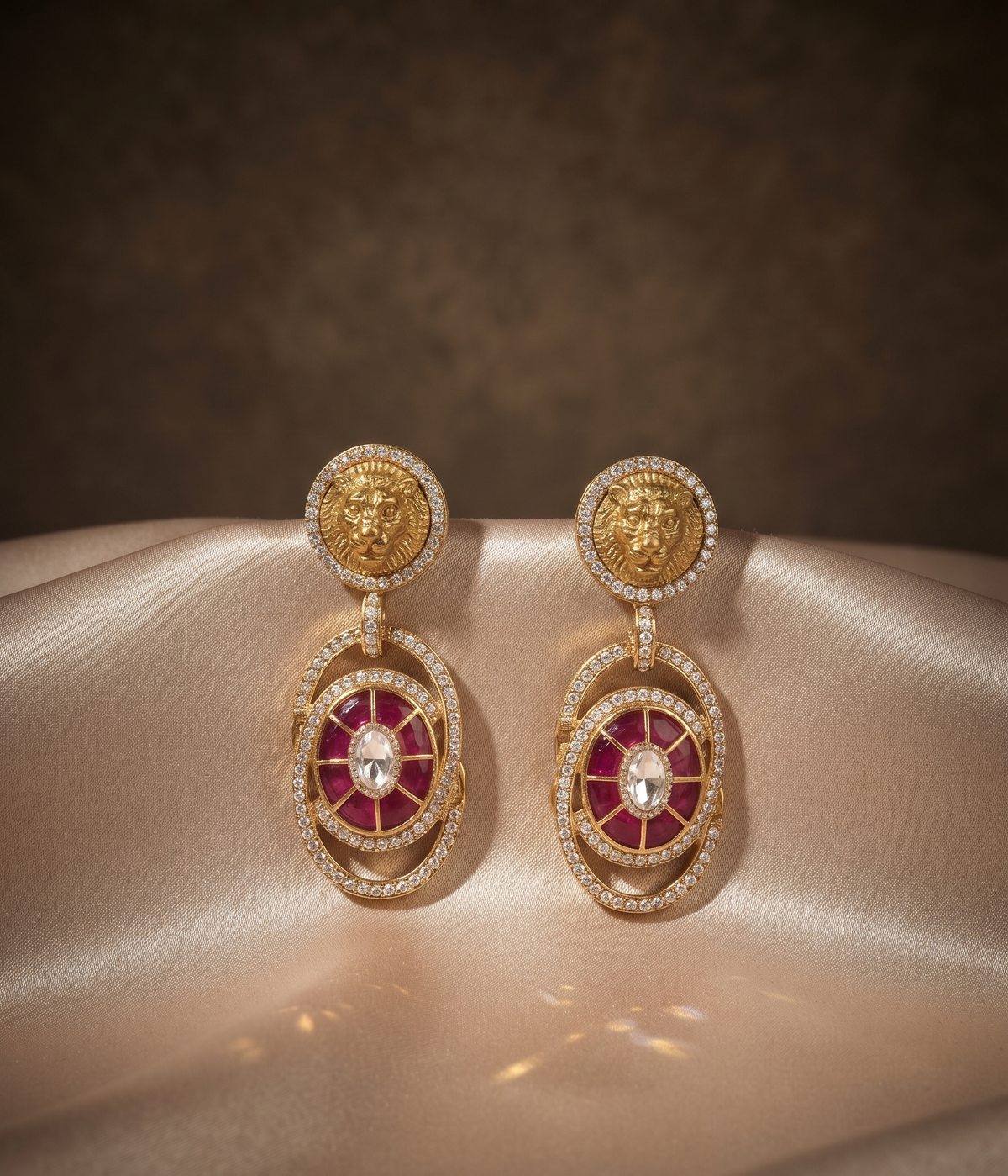 Royal Lion Motif Pearl Choker Set with Matching Drop Earrings (Available in Multiple Stone Colors)