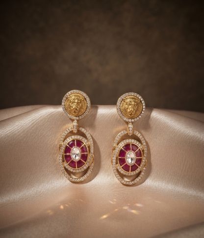 Royal Lion Motif Pearl Choker Set with Matching Drop Earrings (Available in Multiple Stone Colors)