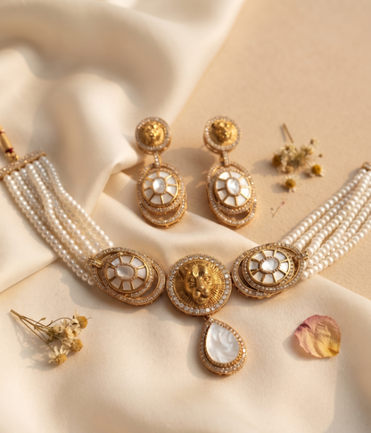 Royal Lion Motif Pearl Choker Set with Matching Drop Earrings (Available in Multiple Stone Colors)