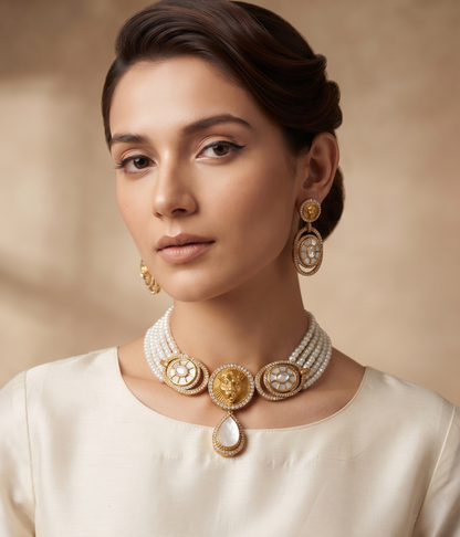 Royal Lion Motif Pearl Choker Set with Matching Drop Earrings (Available in Multiple Stone Colors)