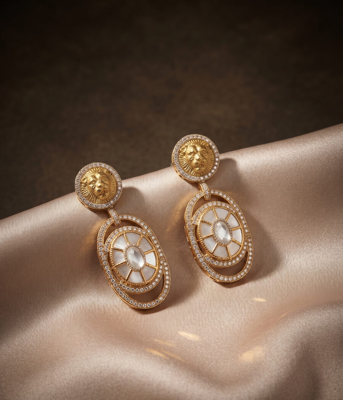 Royal Lion Motif Pearl Choker Set with Matching Drop Earrings (Available in Multiple Stone Colors)
