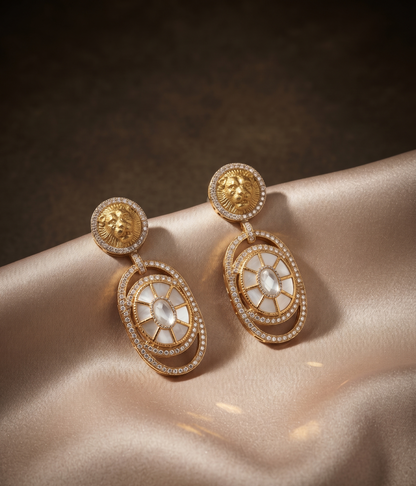 Royal Lion Motif Pearl Choker Set with Matching Drop Earrings (Available in Multiple Stone Colors)