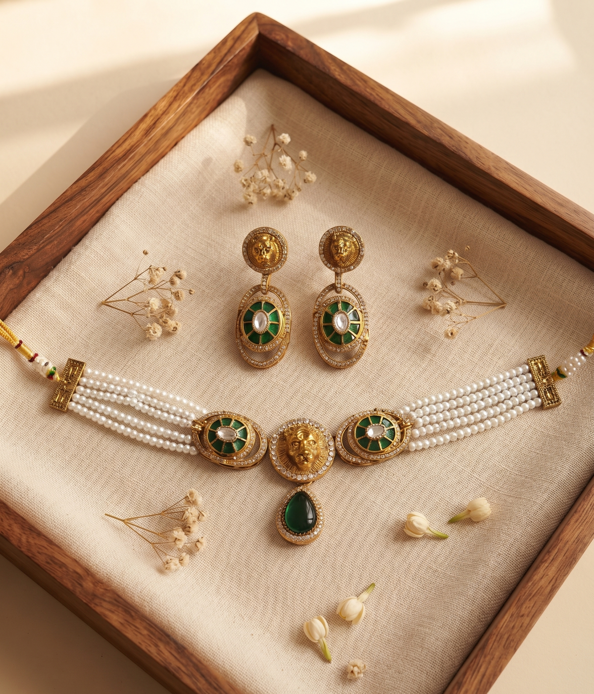 Royal Lion Motif Pearl Choker Set with Matching Drop Earrings (Available in Multiple Stone Colors)