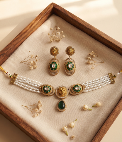 Royal Lion Motif Pearl Choker Set with Matching Drop Earrings (Available in Multiple Stone Colors)