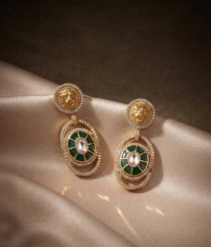 Royal Lion Motif Pearl Choker Set with Matching Drop Earrings (Available in Multiple Stone Colors)