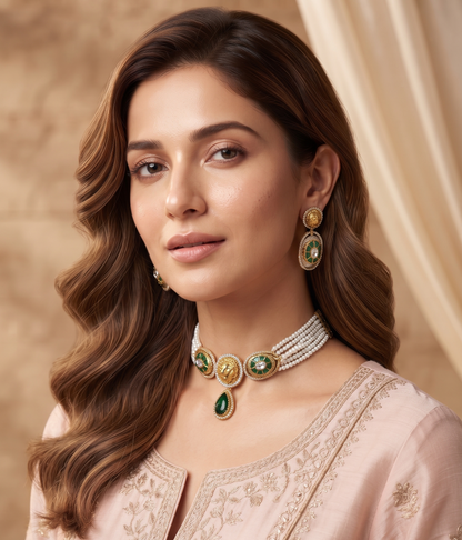 Royal Lion Motif Pearl Choker Set with Matching Drop Earrings (Available in Multiple Stone Colors)
