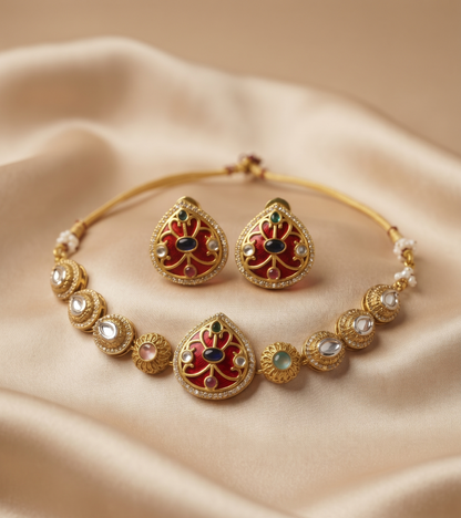 Meenakari & Kundan Designer Choker Set with Matching Earrings