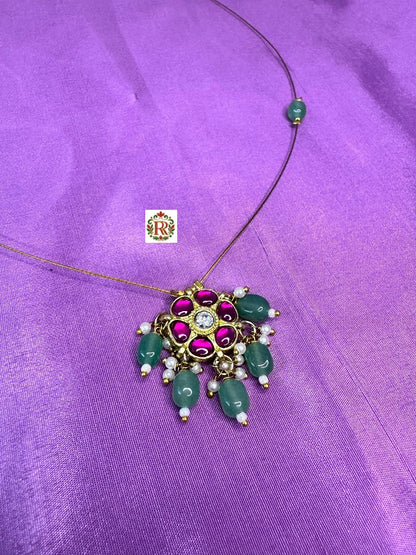 Invisible pandent set in Jadau Kundan without Earrings | Handcrafted Oval Floral Pendant Necklace with Ruby Stones, Green Beads & Pearl Accents