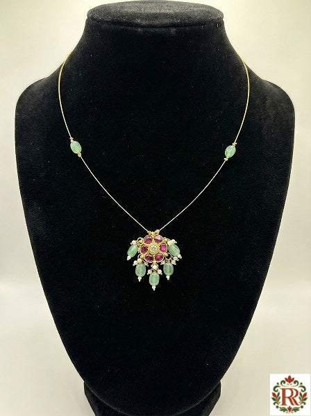 Invisible pandent set in Jadau Kundan without Earrings | Handcrafted Oval Floral Pendant Necklace with Ruby Stones, Green Beads & Pearl Accents