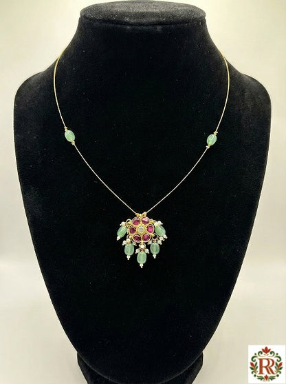 Invisible pandent set in Jadau Kundan without Earrings | Handcrafted Oval Floral Pendant Necklace with Ruby Stones, Green Beads & Pearl Accents