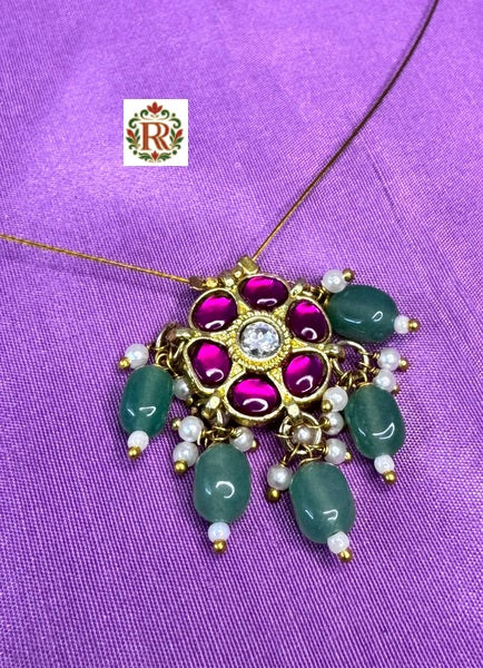 Invisible pandent set in Jadau Kundan without Earrings | Handcrafted Oval Floral Pendant Necklace with Ruby Stones, Green Beads & Pearl Accents