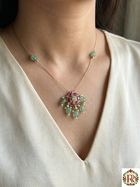 Invisible pandent set in Jadau Kundan without Earrings | Handcrafted Oval Floral Pendant Necklace with Ruby Stones, Green Beads & Pearl Accents