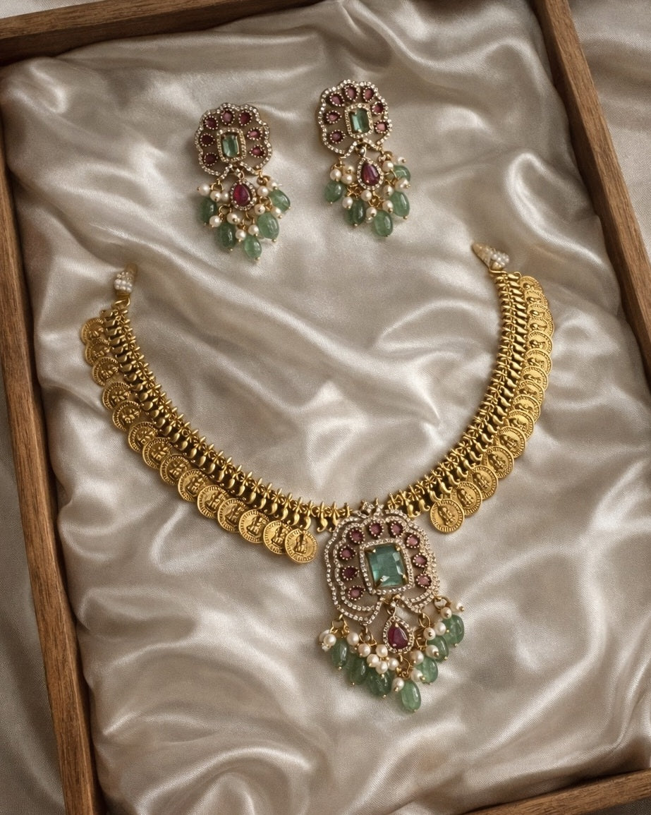 Gold Plated Coin (Kasu) Necklace Set with Mint Green & Ruby AD Stones | Traditional Temple Jewellery