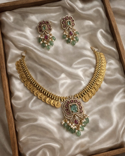 Gold Plated Coin (Kasu) Necklace Set with Mint Green & Ruby AD Stones | Traditional Temple Jewellery