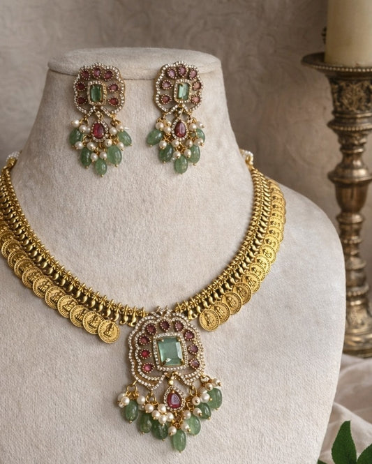 Gold Plated Coin (Kasu) Necklace Set with Mint Green & Ruby AD Stones | Traditional Temple Jewellery