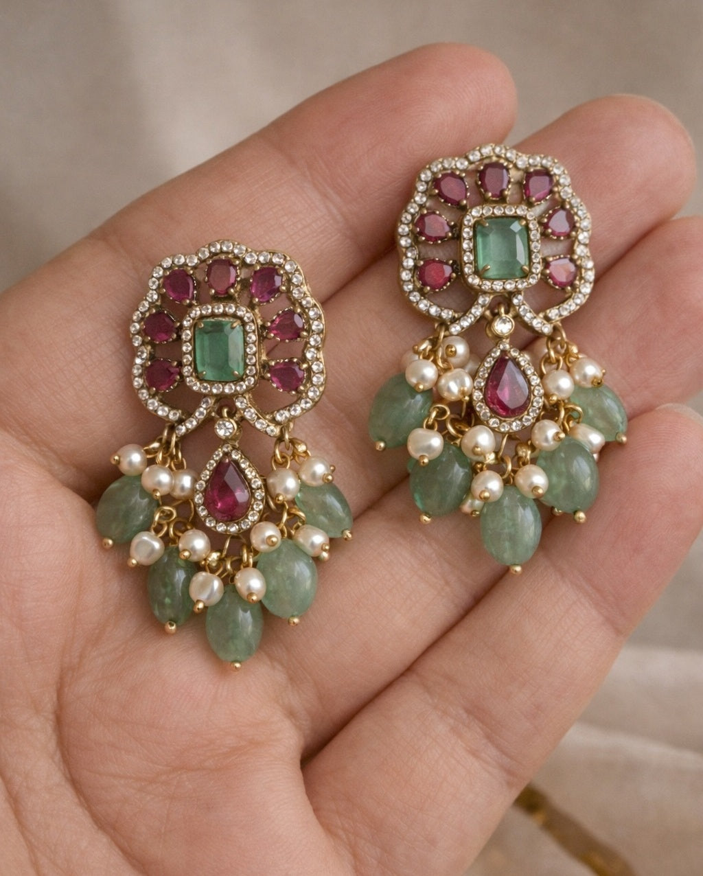 Gold Plated Coin (Kasu) Necklace Set with Mint Green & Ruby AD Stones | Traditional Temple Jewellery