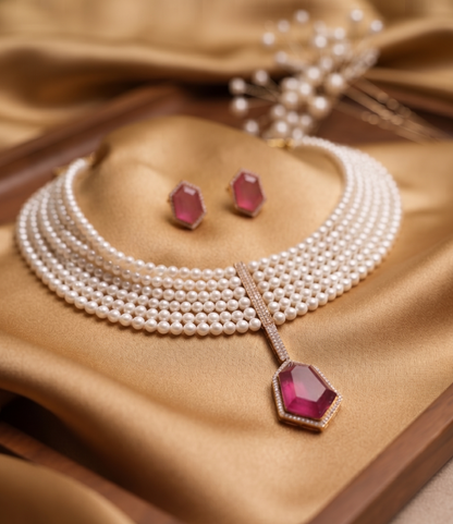 Elegant Multi-Strand Pearl Choker Set with Geometric Stone Pendant