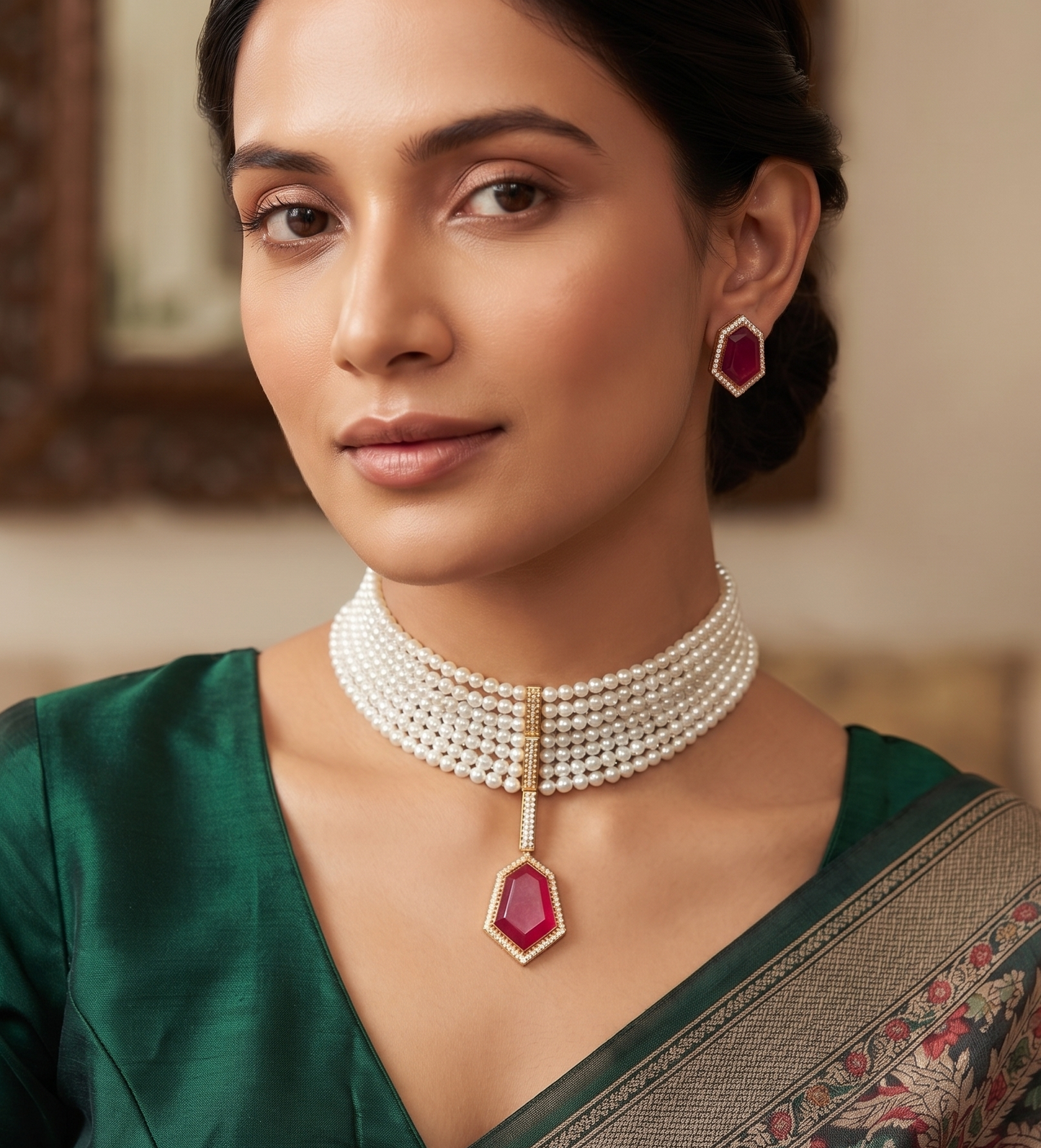 Elegant Multi-Strand Pearl Choker Set with Geometric Stone Pendant