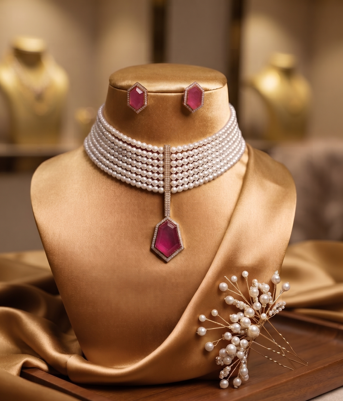 Elegant Multi-Strand Pearl Choker Set with Geometric Stone Pendant