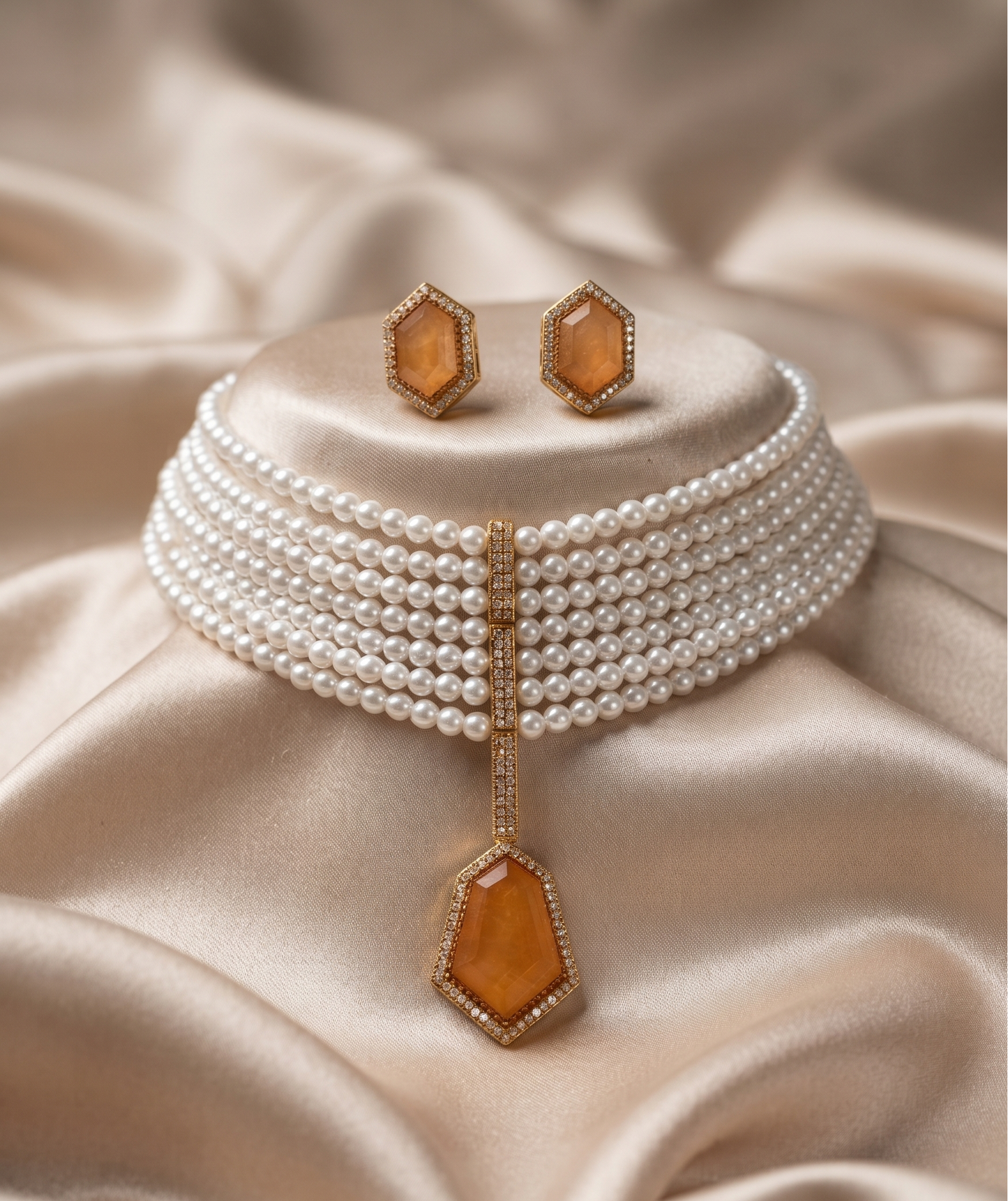 Elegant Multi-Strand Pearl Choker Set with Geometric Stone Pendant
