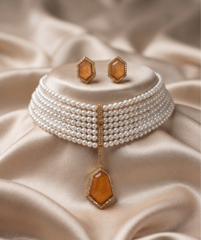 Elegant Multi-Strand Pearl Choker Set with Geometric Stone Pendant