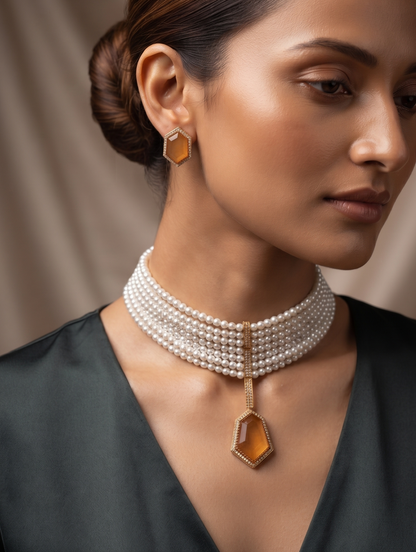 Elegant Multi-Strand Pearl Choker Set with Geometric Stone Pendant