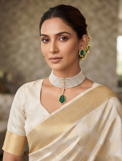 Elegant Multi-Strand Pearl Choker Set with Geometric Stone Pendant