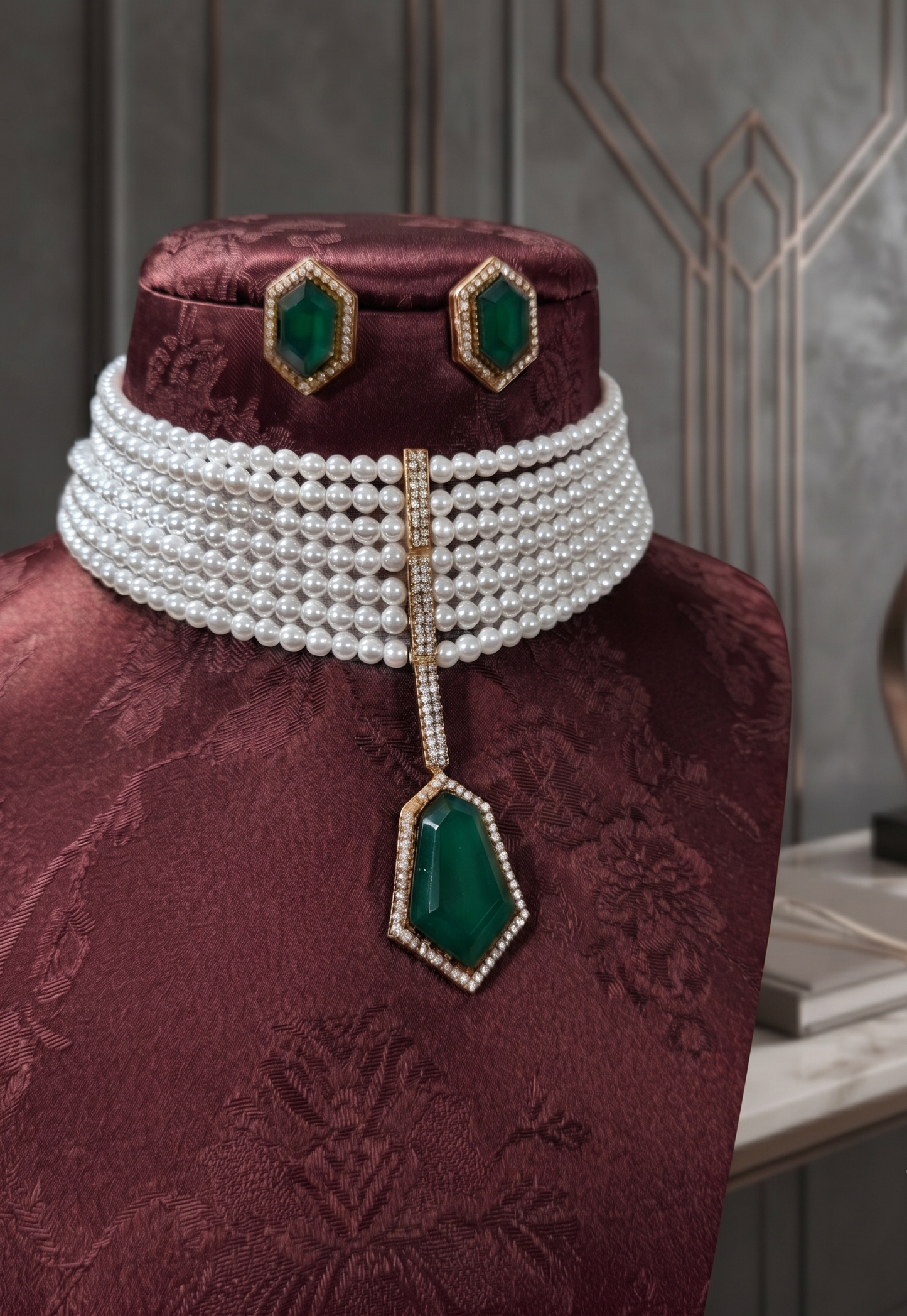 Elegant Multi-Strand Pearl Choker Set with Geometric Stone Pendant
