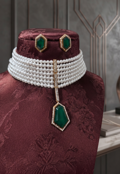 Elegant Multi-Strand Pearl Choker Set with Geometric Stone Pendant