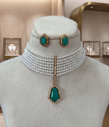 Elegant Multi-Strand Pearl Choker Set with Geometric Stone Pendant