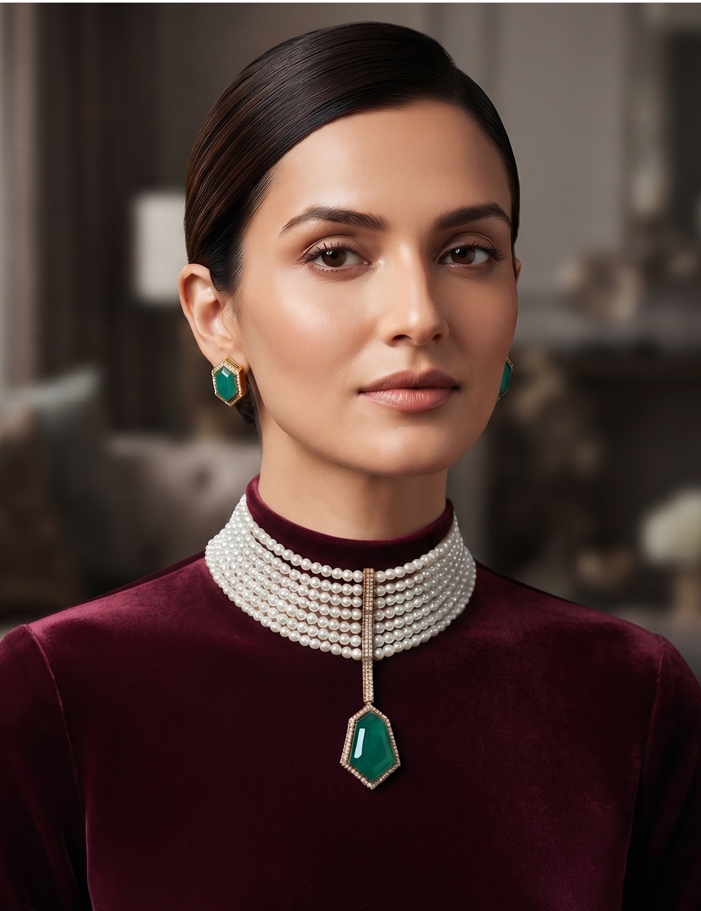 Elegant Multi-Strand Pearl Choker Set with Geometric Stone Pendant
