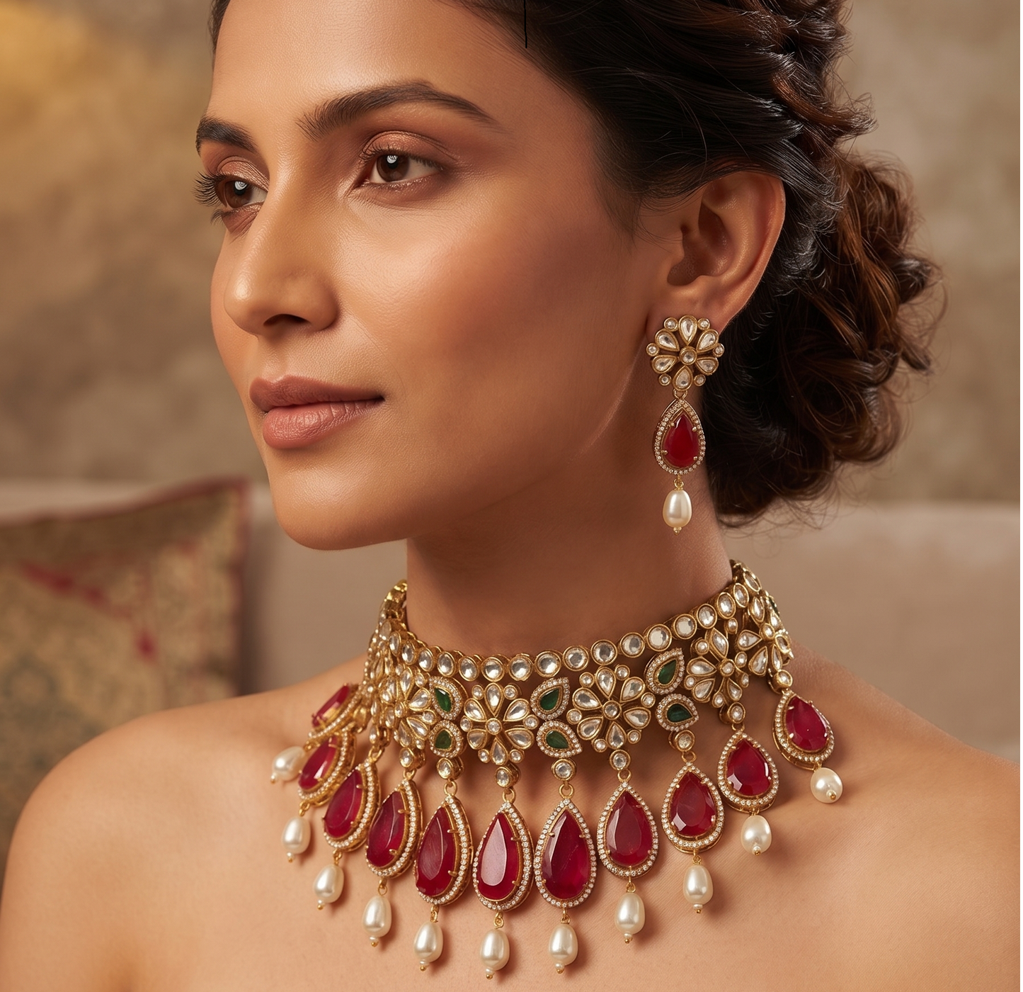 Ratna Riwaz Traditional Kundan Stone Choker Necklace Set with Matching Earrings (Brass Material)