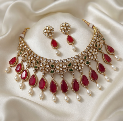 Ratna Riwaz Traditional Kundan Stone Choker Necklace Set with Matching Earrings (Brass Material)