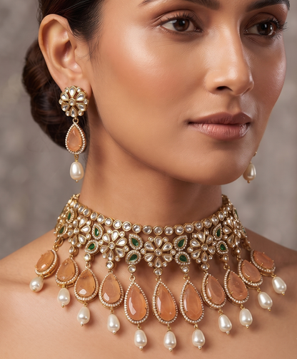 Ratna Riwaz Traditional Kundan Stone Choker Necklace Set with Matching Earrings (Brass Material)