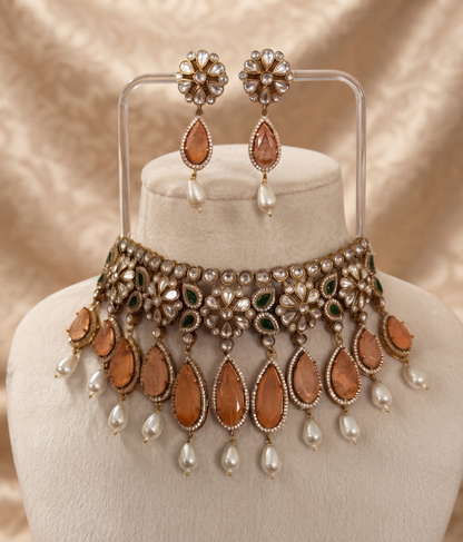 Ratna Riwaz Traditional Kundan Stone Choker Necklace Set with Matching Earrings (Brass Material)