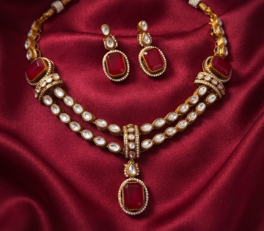 Exquisite Brass Double-Strand American Diamond & Colored Stone Necklace Set with Matching Earrings