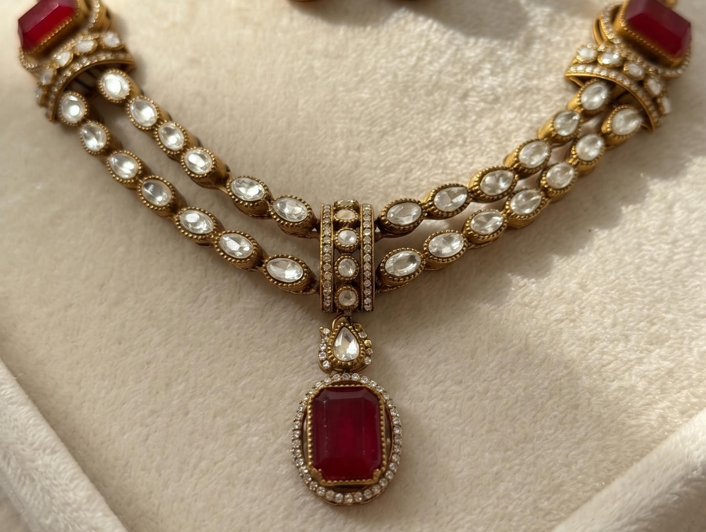 Exquisite Brass Double-Strand American Diamond & Colored Stone Necklace Set with Matching Earrings