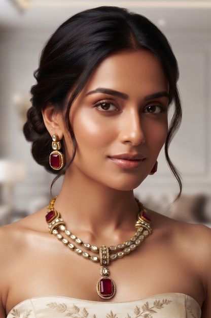Exquisite Brass Double-Strand American Diamond & Colored Stone Necklace Set with Matching Earrings