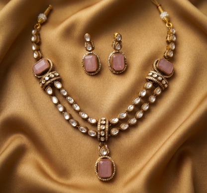 Exquisite Brass Double-Strand American Diamond & Colored Stone Necklace Set with Matching Earrings