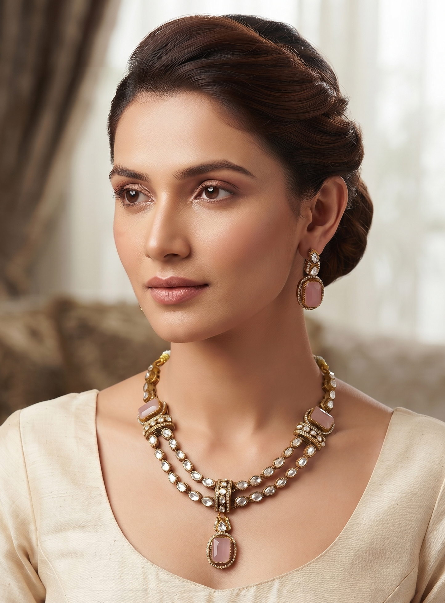 Exquisite Brass Double-Strand American Diamond & Colored Stone Necklace Set with Matching Earrings
